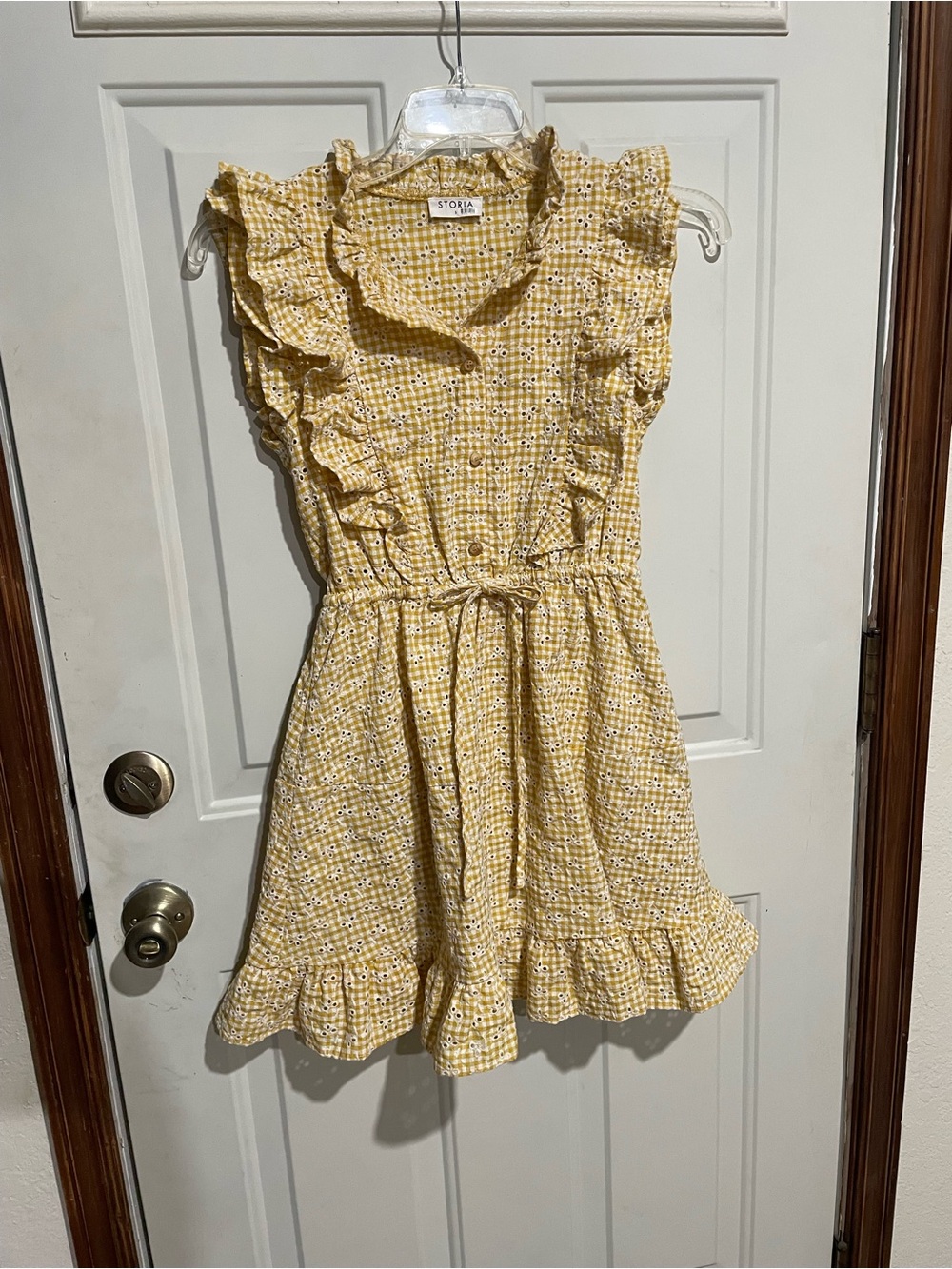 Yellow Gingham Floral Ruffle Tie-Waist Dress